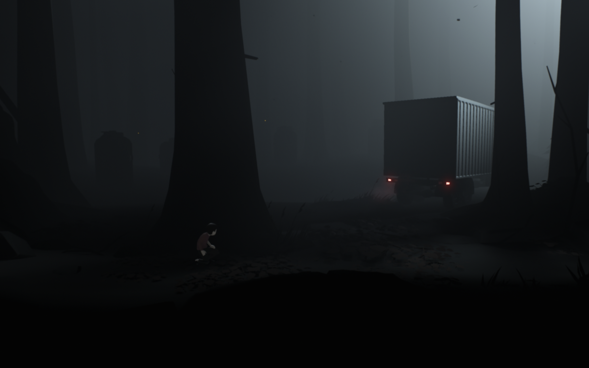 A boy hides from a truck.